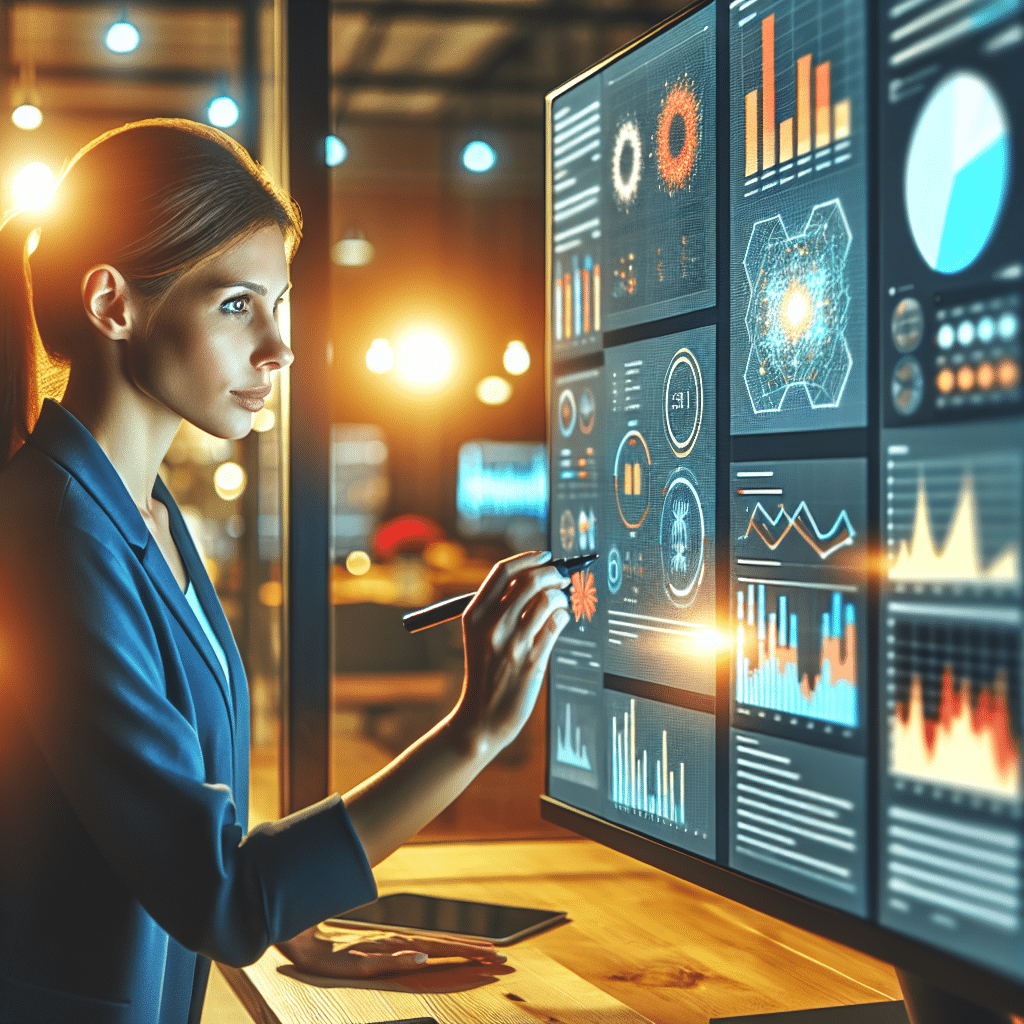 Analyst in an office discovers insights using Power BI on a monitor with colorful data visualizations.